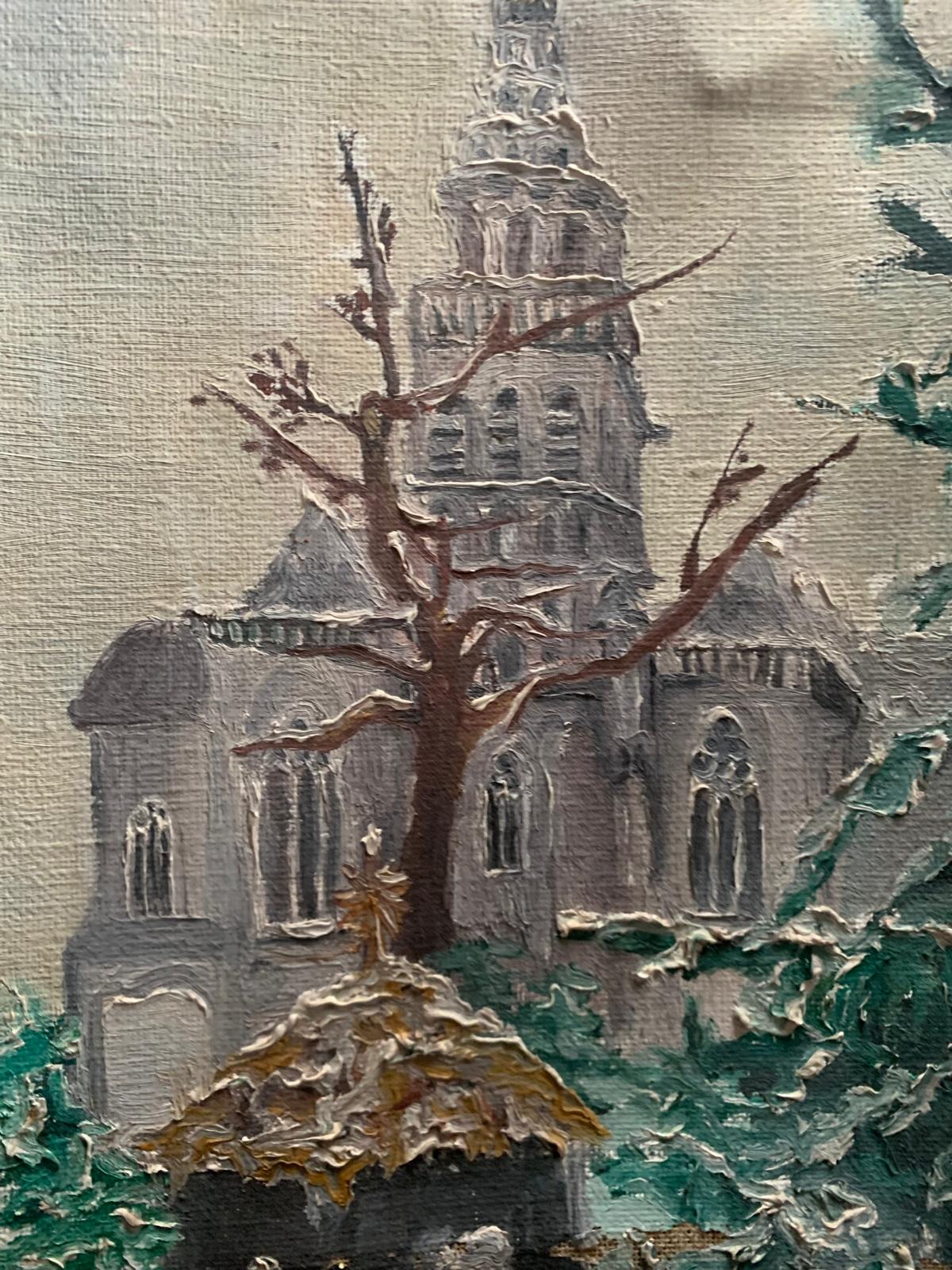 Schilderij van winterse kerk