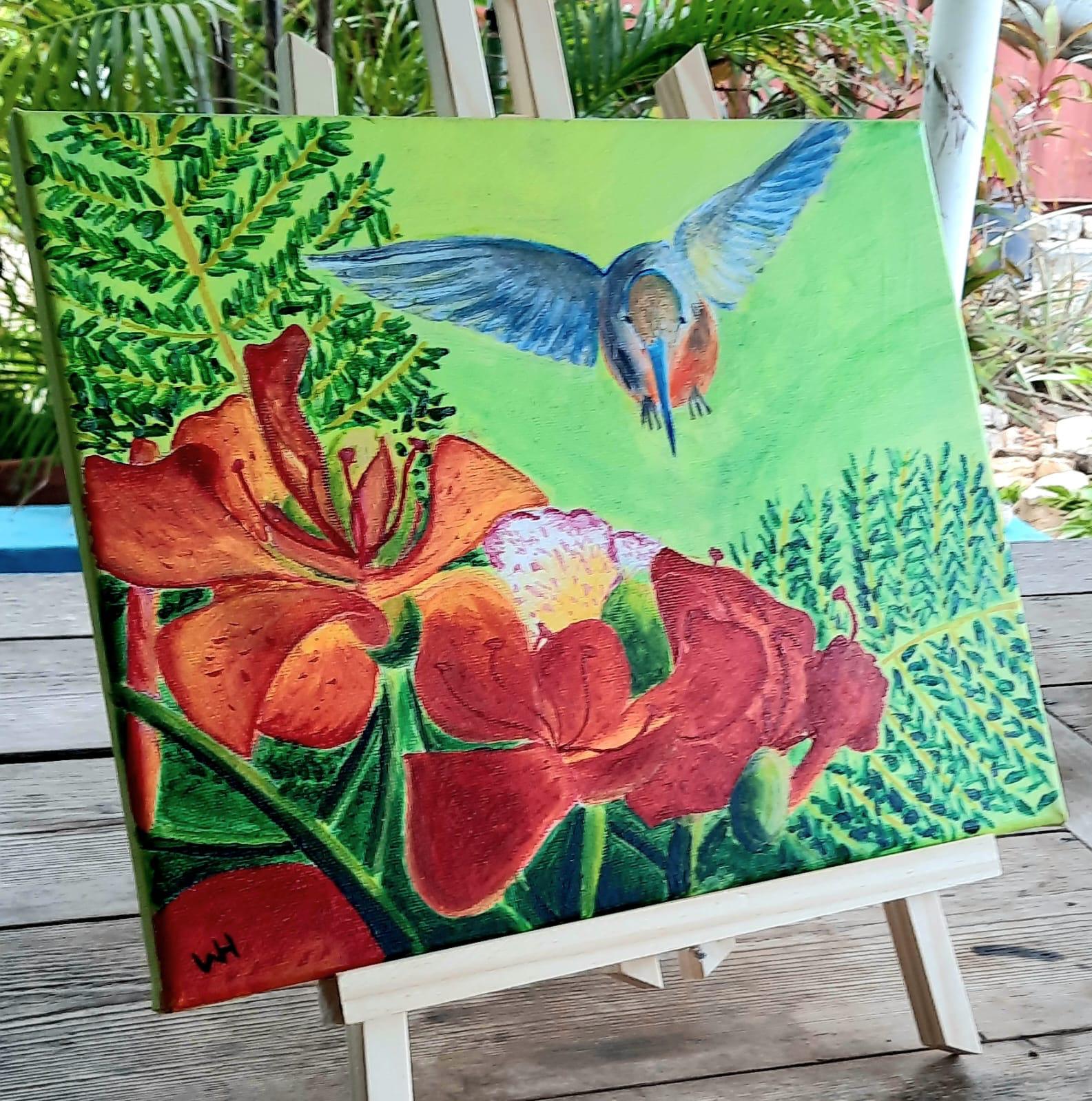 Kleurrijk schilderij van een kolibrie boven rode bloemen