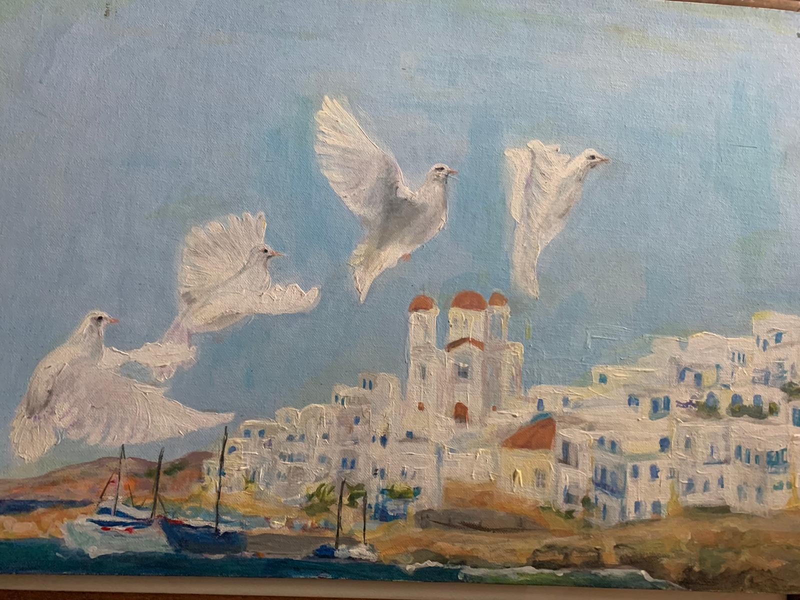 Schilderij van witte duiven aan de mediterrane kust